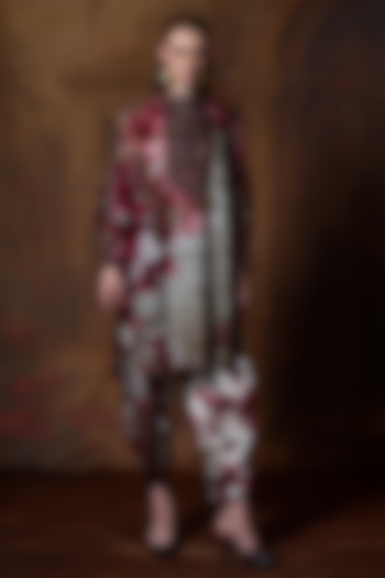 Beige & Red Silk Placket Tunic by Rajdeep Ranawat at Pernia's Pop Up Shop