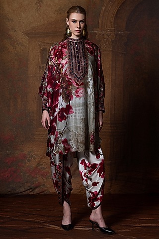 Beige & Red Silk Placket Tunic by Rajdeep Ranawat