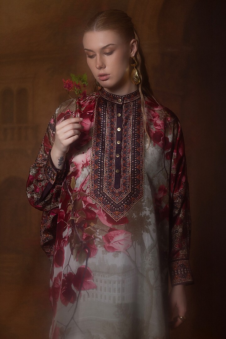 Beige & Red Silk Placket Tunic by Rajdeep Ranawat at Pernia's Pop Up Shop