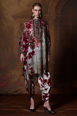 Beige & Red Modal Satin Printed Dhoti Pant by Rajdeep Ranawat