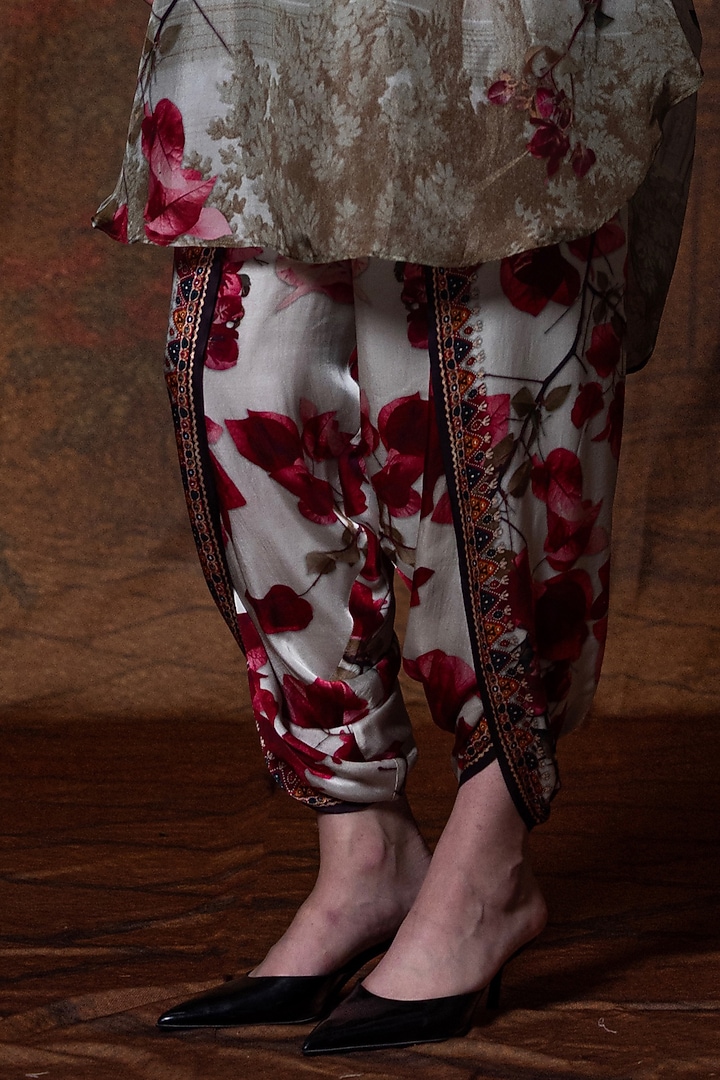Beige & Red Modal Satin Printed Dhoti Pant by Rajdeep Ranawat at Pernia's Pop Up Shop