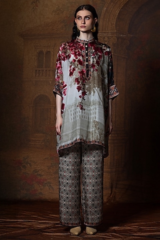 Beige & Red Silk Band Collar Tunic by Rajdeep Ranawat