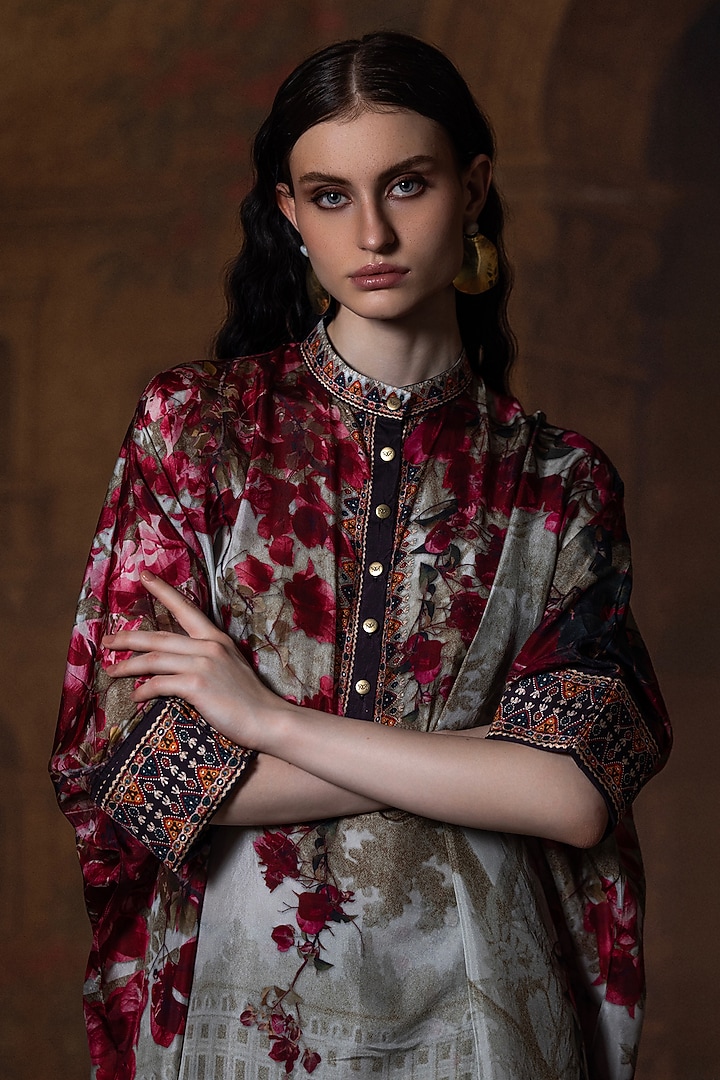 Beige & Red Silk Band Collar Tunic by Rajdeep Ranawat at Pernia's Pop Up Shop