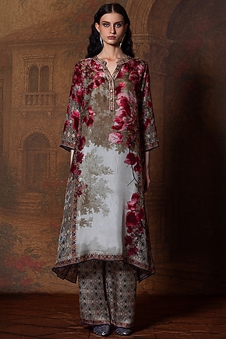 Beige & Red Silk Flared Tunic by Rajdeep Ranawat