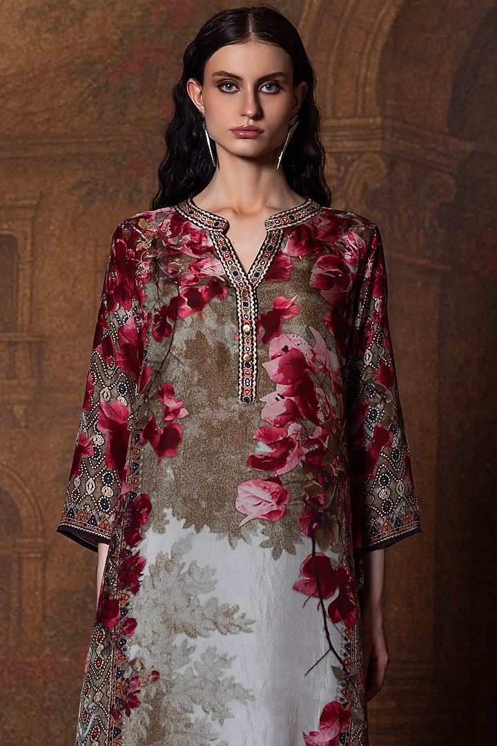 Beige & Red Silk Flared Tunic by Rajdeep Ranawat at Pernia's Pop Up Shop