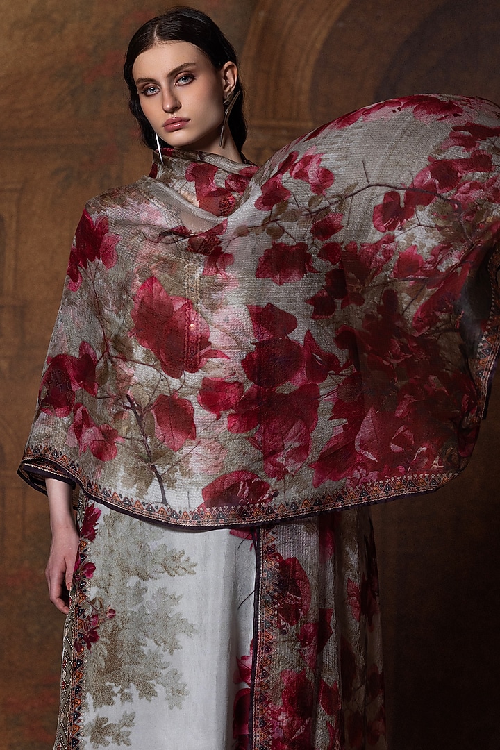 Beige & Red Kota Silk Printed Dupatta by Rajdeep Ranawat at Pernia's Pop Up Shop