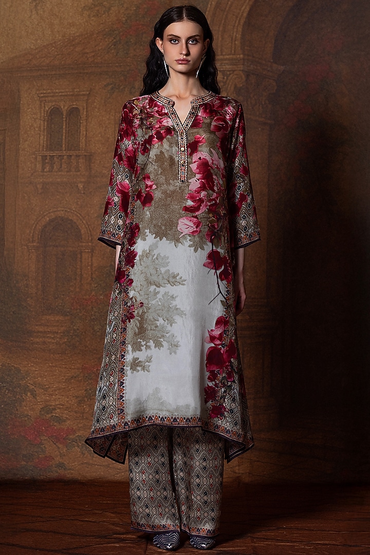 Beige & Red Modal Satin Printed Pants by Rajdeep Ranawat at Pernia's Pop Up Shop