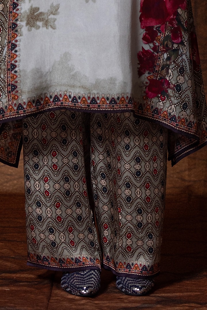 Beige & Red Modal Satin Printed Pants by Rajdeep Ranawat at Pernia's Pop Up Shop