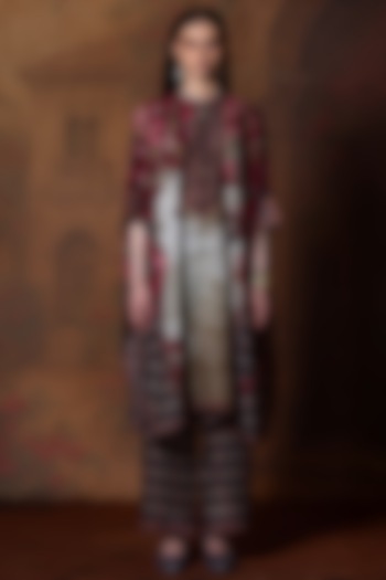 Beige & Red Modal Satin Printed Pants by Rajdeep Ranawat at Pernia's Pop Up Shop