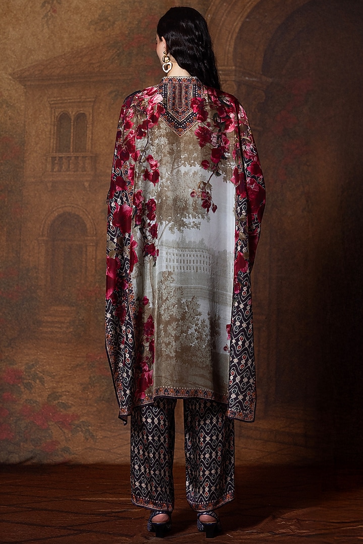 Beige & Red Modal Satin Printed Pants by Rajdeep Ranawat at Pernia's Pop Up Shop