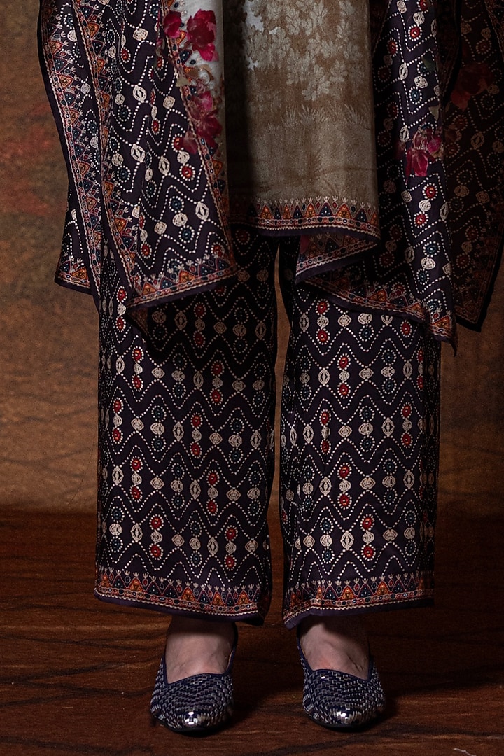 Beige & Red Modal Satin Printed Pants by Rajdeep Ranawat at Pernia's Pop Up Shop
