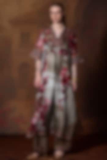 Beige & Red Silk Printed Kimono Tunic by Rajdeep Ranawat at Pernia's Pop Up Shop