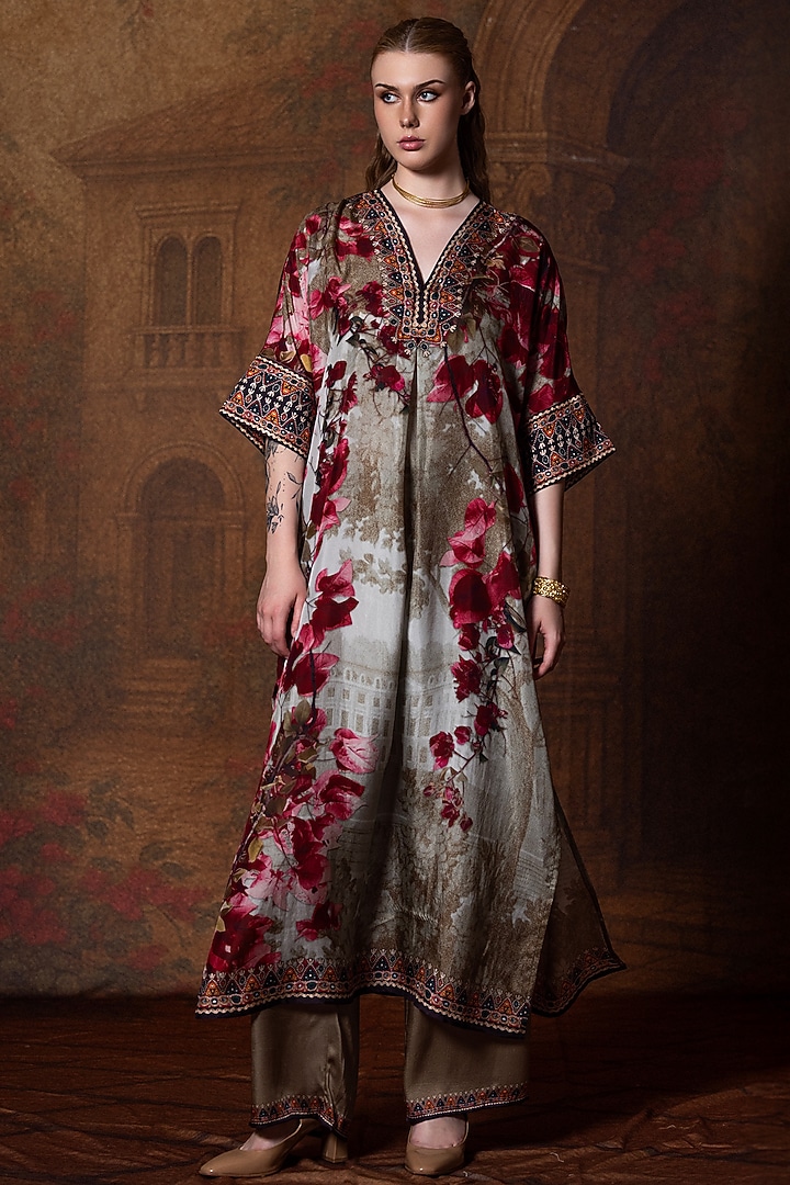 Beige & Red Silk Printed Kimono Tunic by Rajdeep Ranawat at Pernia's Pop Up Shop