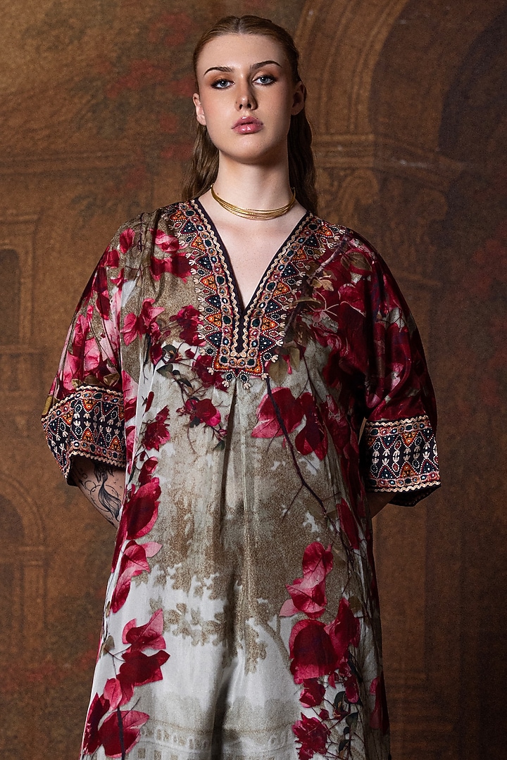 Beige & Red Silk Printed Kimono Tunic by Rajdeep Ranawat at Pernia's Pop Up Shop