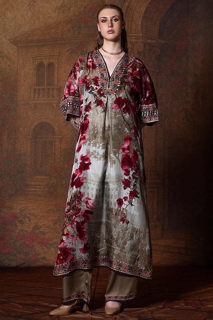 Beige & Red Kota Silk Printed Pants by Rajdeep Ranawat at Pernia's Pop Up Shop