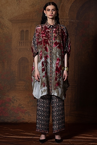 Beige & Red Silk Printed Shirt Dress by Rajdeep Ranawat