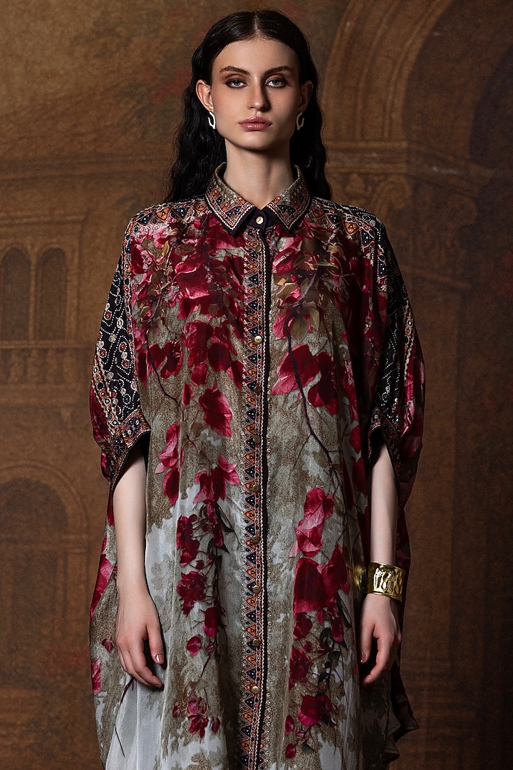Beige & Red Silk Printed Vacation Shirt Dress by Rajdeep Ranawat at Pernia's Pop Up Shop