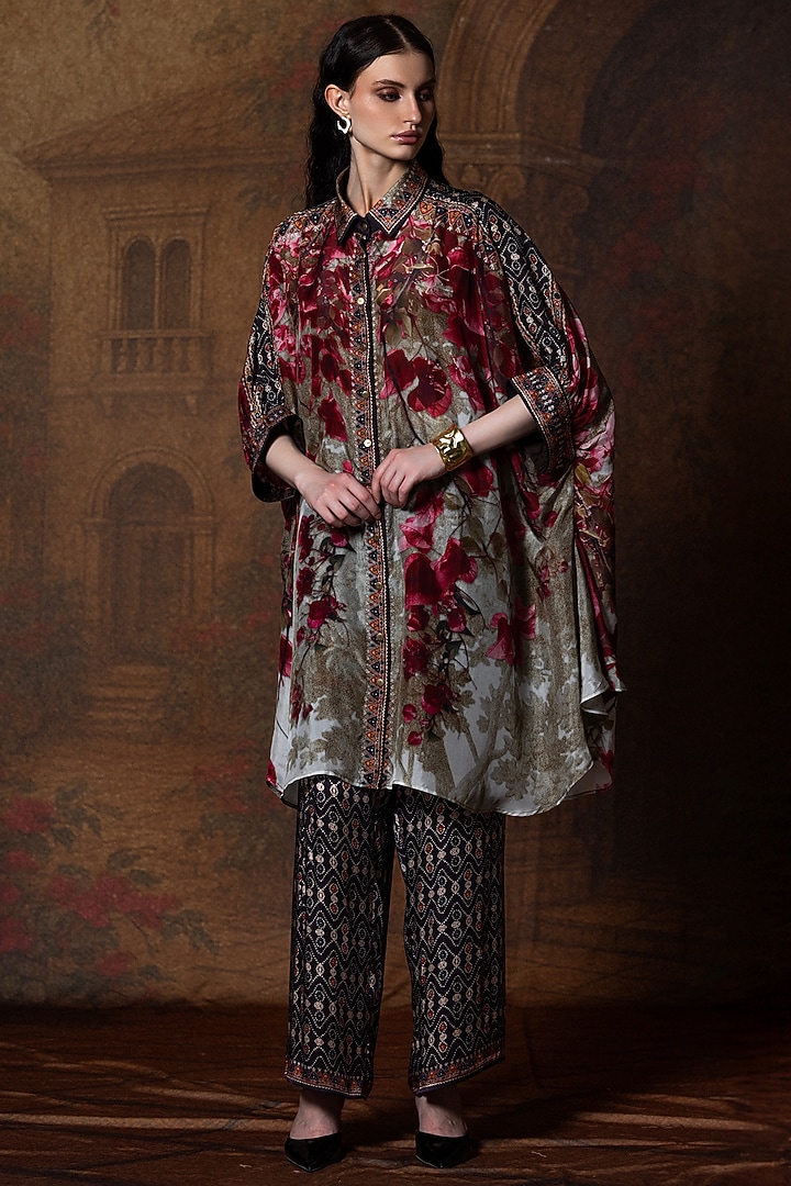 Beige & Red Modal Satin Printed Pants by Rajdeep Ranawat at Pernia's Pop Up Shop