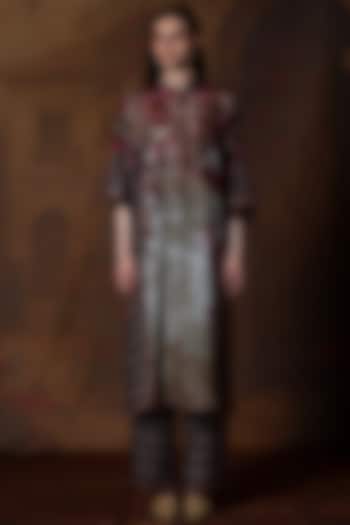 Beige & Red Silk Long Kurta by Rajdeep Ranawat at Pernia's Pop Up Shop