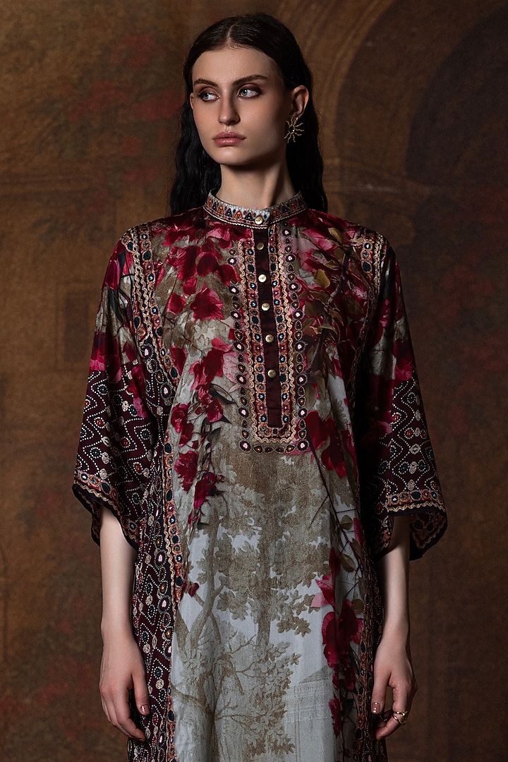 Beige & Red Silk Long Kurta by Rajdeep Ranawat at Pernia's Pop Up Shop