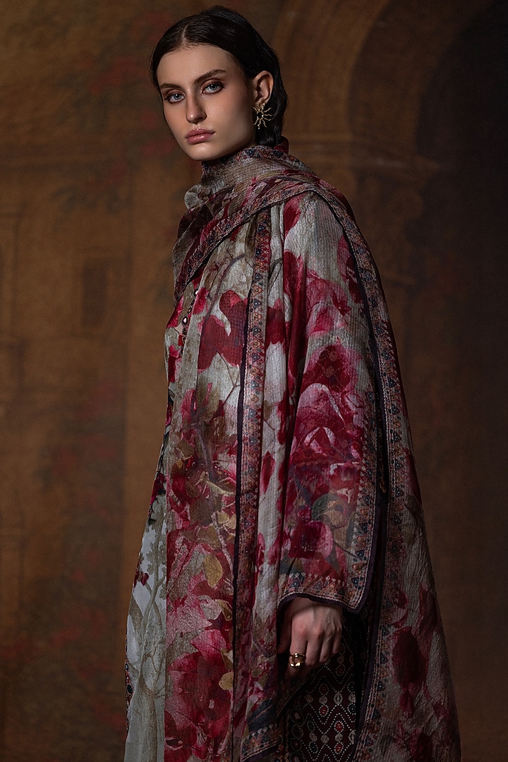 Beige & Red Kota Silk Printed Dupatta by Rajdeep Ranawat at Pernia's Pop Up Shop
