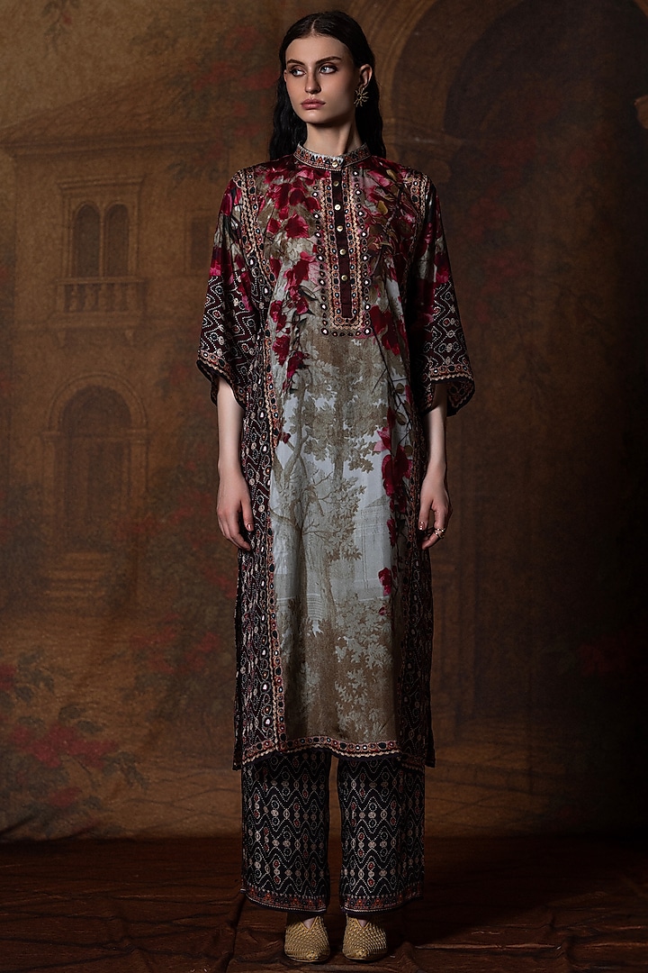 Beige & Red Modal Satin Printed Pants by Rajdeep Ranawat at Pernia's Pop Up Shop