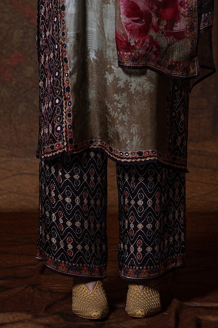 Beige & Red Modal Satin Printed Pants by Rajdeep Ranawat at Pernia's Pop Up Shop