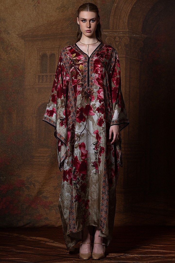 Beige & Red Silk Printed Boxy Kaftan by Rajdeep Ranawat at Pernia's Pop Up Shop