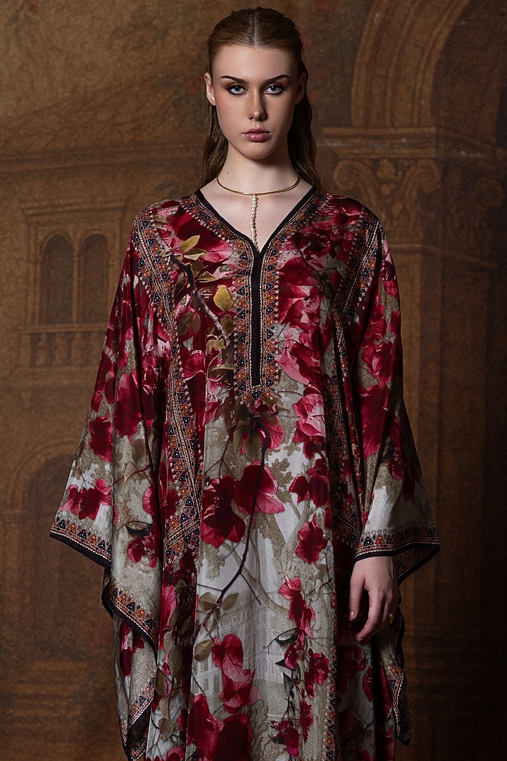 Beige & Red Silk Printed Boxy Kaftan by Rajdeep Ranawat at Pernia's Pop Up Shop