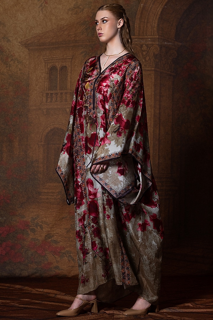 Beige & Red Silk Printed Boxy Kaftan by Rajdeep Ranawat at Pernia's Pop Up Shop