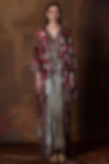 Beige & Red Silk Printed Kaftan by Rajdeep Ranawat at Pernia's Pop Up Shop