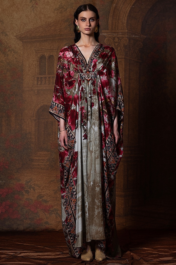 Beige & Red Silk Printed Kaftan by Rajdeep Ranawat at Pernia's Pop Up Shop