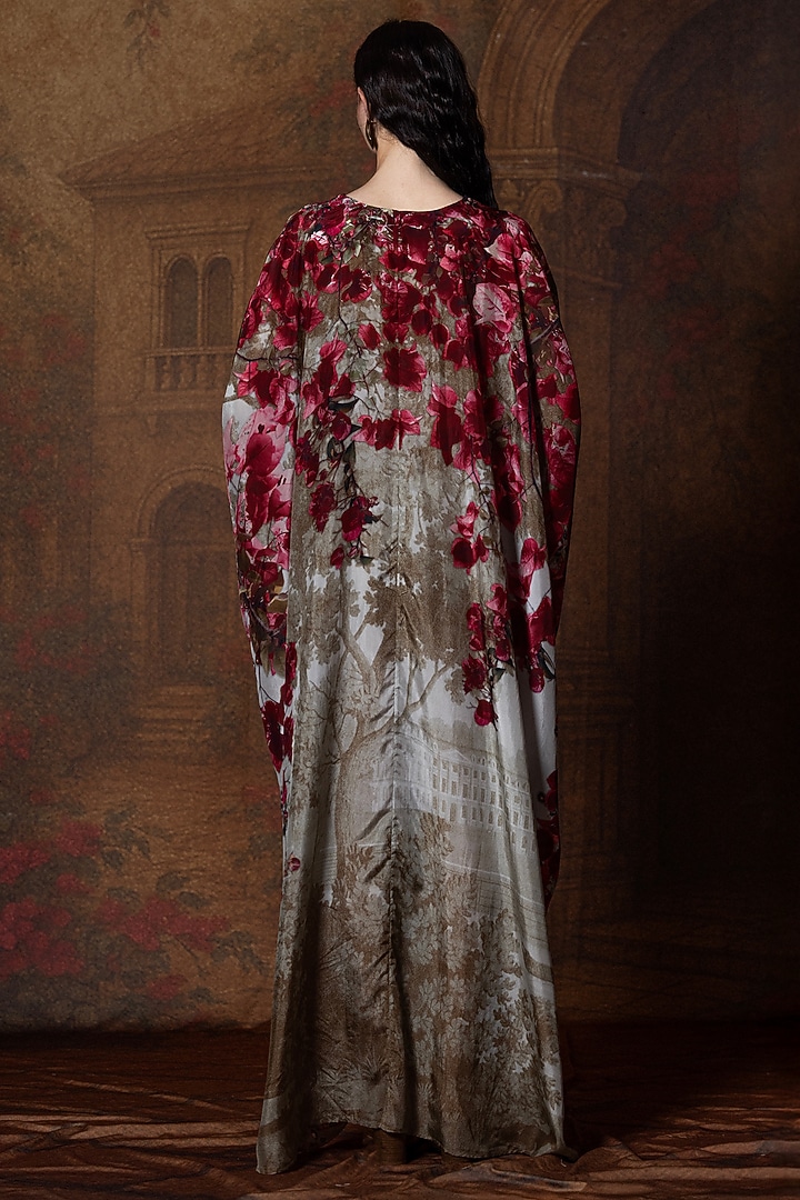 Beige & Red Silk Printed Kaftan by Rajdeep Ranawat at Pernia's Pop Up Shop