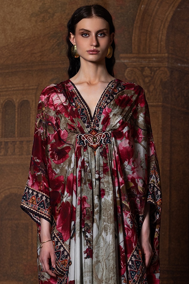 Beige & Red Silk Printed Kaftan by Rajdeep Ranawat at Pernia's Pop Up Shop