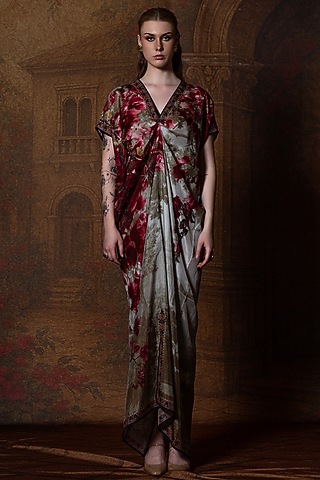 Beige & Red Silk Printed Dress by Rajdeep Ranawat