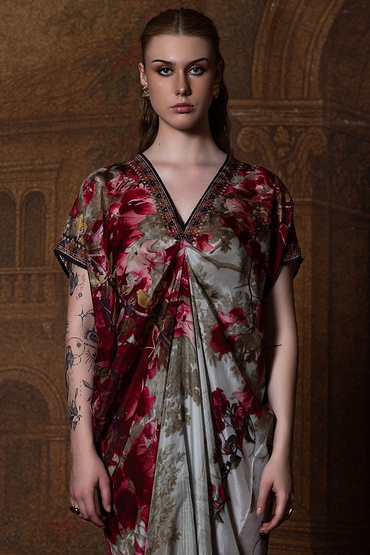 Beige & Red Silk Printed Vacation Dress by Rajdeep Ranawat at Pernia's Pop Up Shop