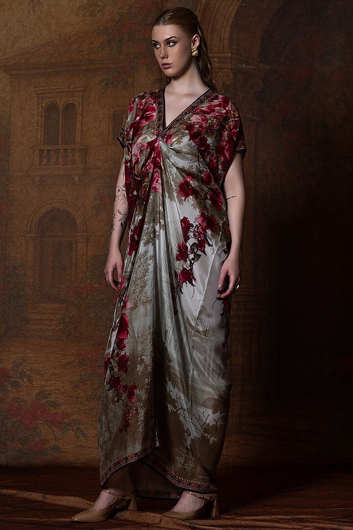 Beige & Red Silk Printed Vacation Dress by Rajdeep Ranawat at Pernia's Pop Up Shop