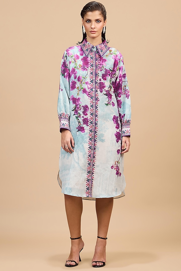 Lavender & Pale Denim Cotton Linen Printed Cocktail Shirt Dress by Rajdeep Ranawat at Pernia's Pop Up Shop