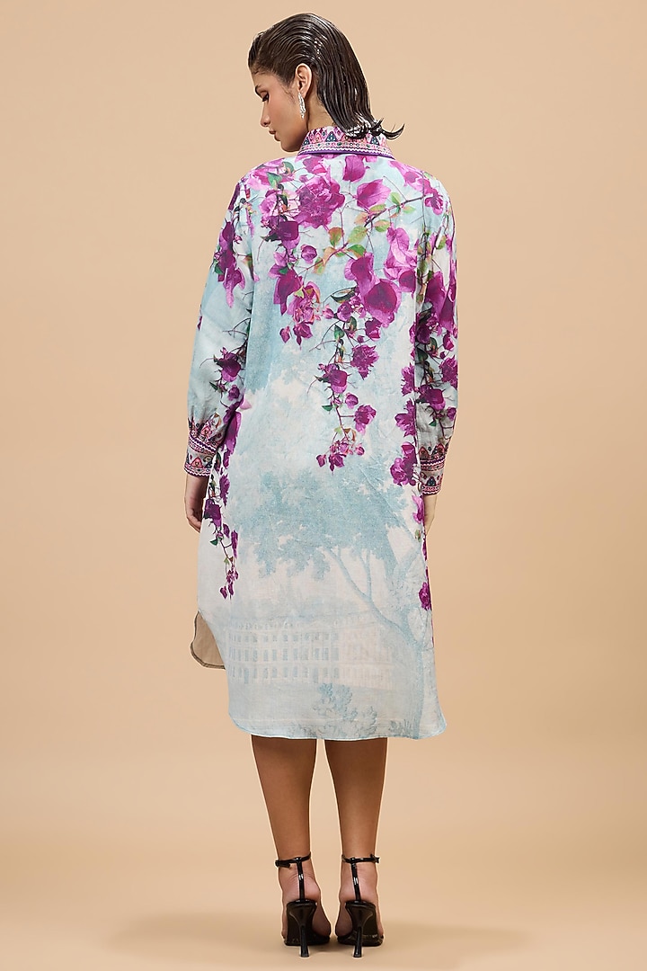 Lavender & Pale Denim Cotton Linen Printed Cocktail Shirt Dress by Rajdeep Ranawat at Pernia's Pop Up Shop