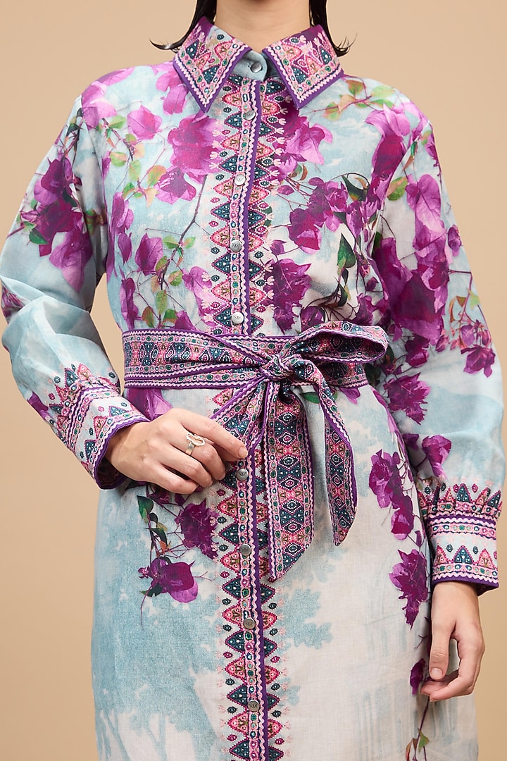 Lavender & Pale Denim Cotton Linen Printed Cocktail Shirt Dress by Rajdeep Ranawat at Pernia's Pop Up Shop
