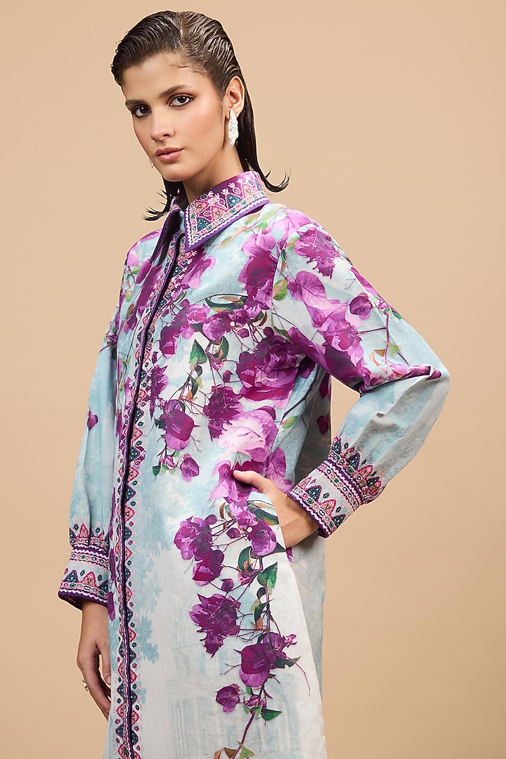 Lavender & Pale Denim Cotton Linen Printed Cocktail Shirt Dress by Rajdeep Ranawat at Pernia's Pop Up Shop