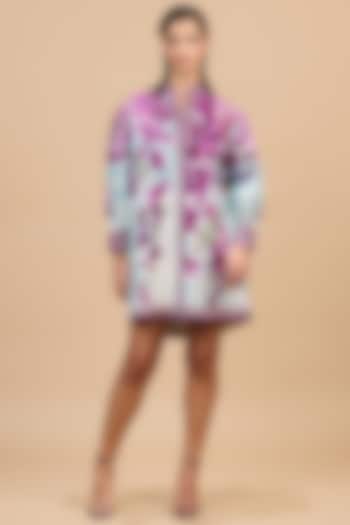 Lavender & Pale Denim Cotton Linen Printed A-Line Vacation Dress by Rajdeep Ranawat at Pernia's Pop Up Shop