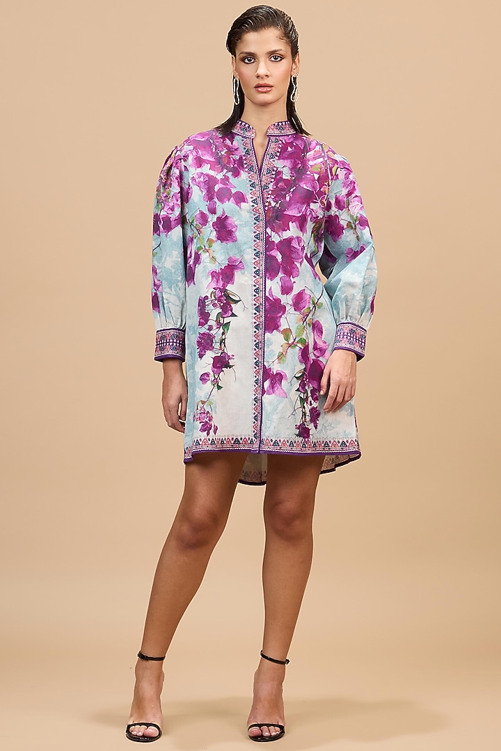 Lavender & Pale Denim Cotton Linen Printed A-Line Vacation Dress by Rajdeep Ranawat at Pernia's Pop Up Shop