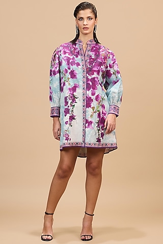Lavender & Pale Denim Cotton Linen Printed A-Line Dress by Rajdeep Ranawat