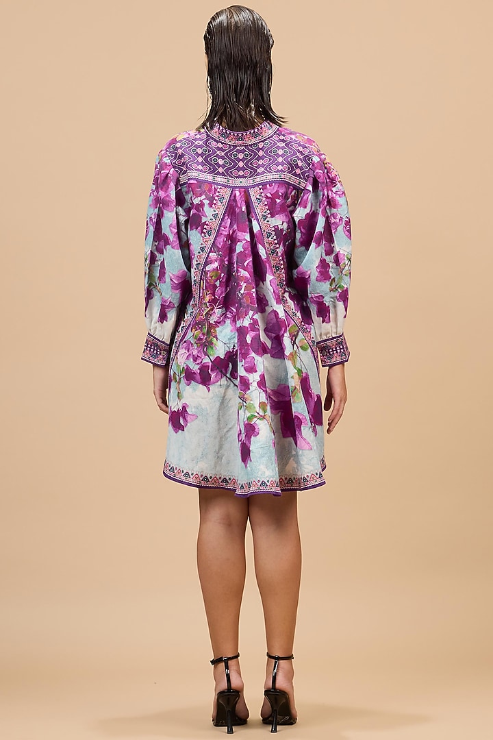 Lavender & Pale Denim Cotton Linen Printed A-Line Vacation Dress by Rajdeep Ranawat at Pernia's Pop Up Shop