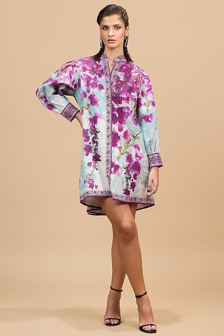 Lavender & Pale Denim Cotton Linen Printed A-Line Vacation Dress by Rajdeep Ranawat at Pernia's Pop Up Shop