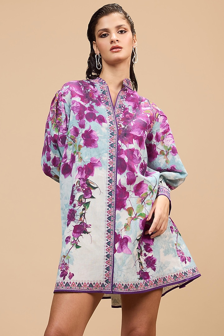 Lavender & Pale Denim Cotton Linen Printed A-Line Vacation Dress by Rajdeep Ranawat at Pernia's Pop Up Shop