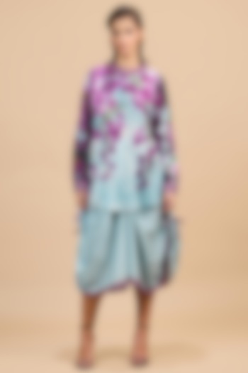 Lavender & Pale Denim Cotton Silk Printed Dhoti Set by Rajdeep Ranawat at Pernia's Pop Up Shop