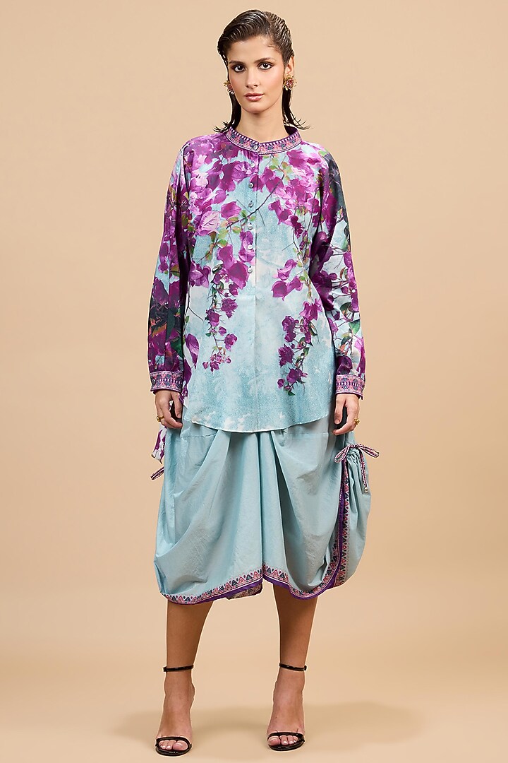 Lavender & Pale Denim Cotton Silk Printed Dhoti Set by Rajdeep Ranawat at Pernia's Pop Up Shop