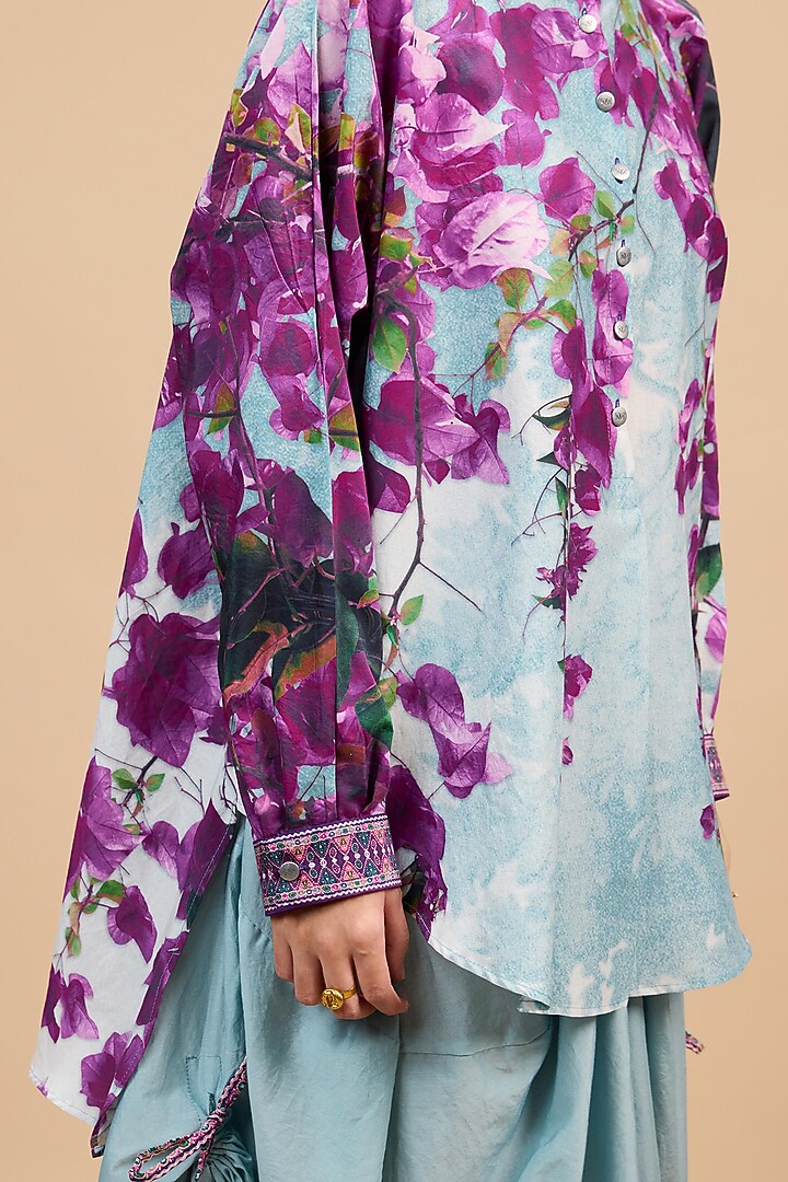 Lavender & Pale Denim Cotton Silk Printed Dhoti Set by Rajdeep Ranawat at Pernia's Pop Up Shop